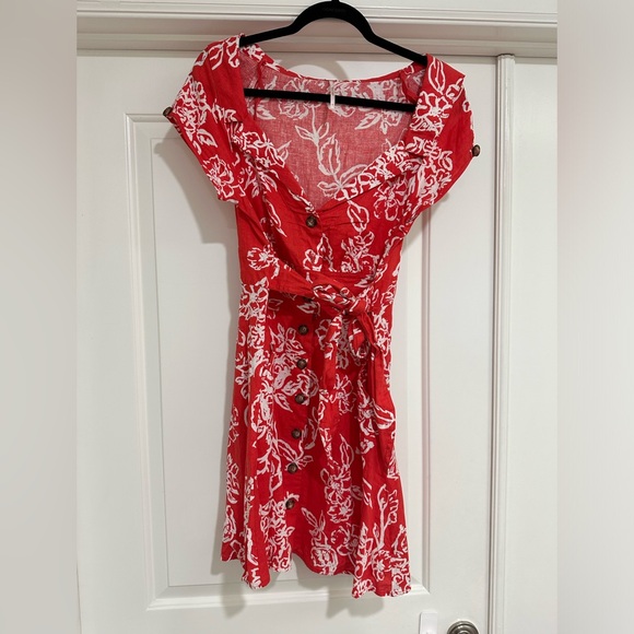 Free People size 10 EUC red floral coral button up sundress dress - Picture 2 of 3